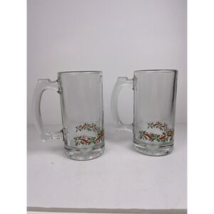 Vintage 80s Arby's Libbey Holly Berry Christmas Beer Mugs Gold Rim Set of 2